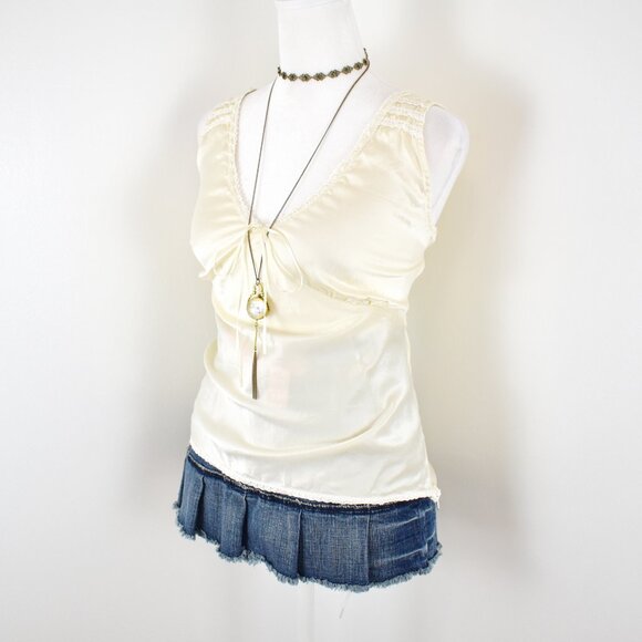 VTG 00s Y2K Ella Rose Cream White Silk Satin Lace Trim Bow V-Neck Slip Tank Top - Picture 2 of 8